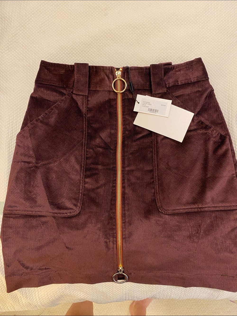 Milly Plum Corduroy Zip-Front Mini Skirt with Ring Pull